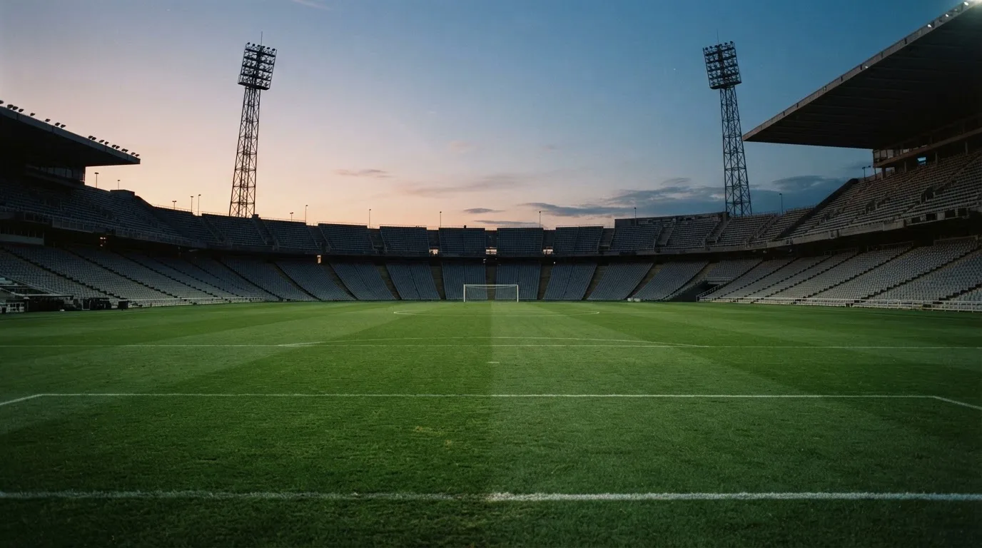 An empty football stadium with floodlight masts at dusk