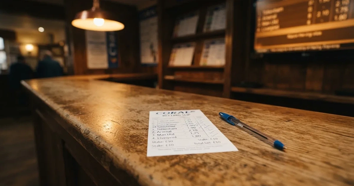 A blank paper betting slip beside a pen on a wooden counter