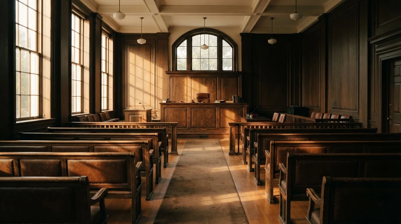 An empty courtroom with wooden benches in morning light